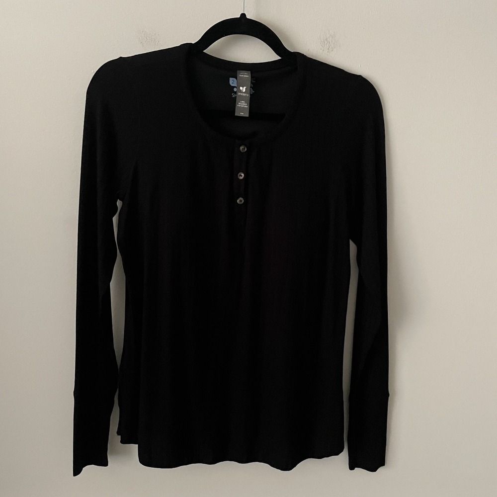 Shebird Long Sleeve Henley Built in Bra Top Black Sz 2 US Small Shaping Stretch
